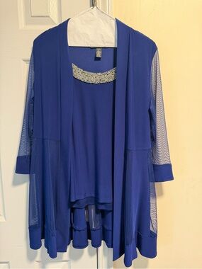 R & M Richards Royal Blue Layered Open Front Cardigan with Tank Top
